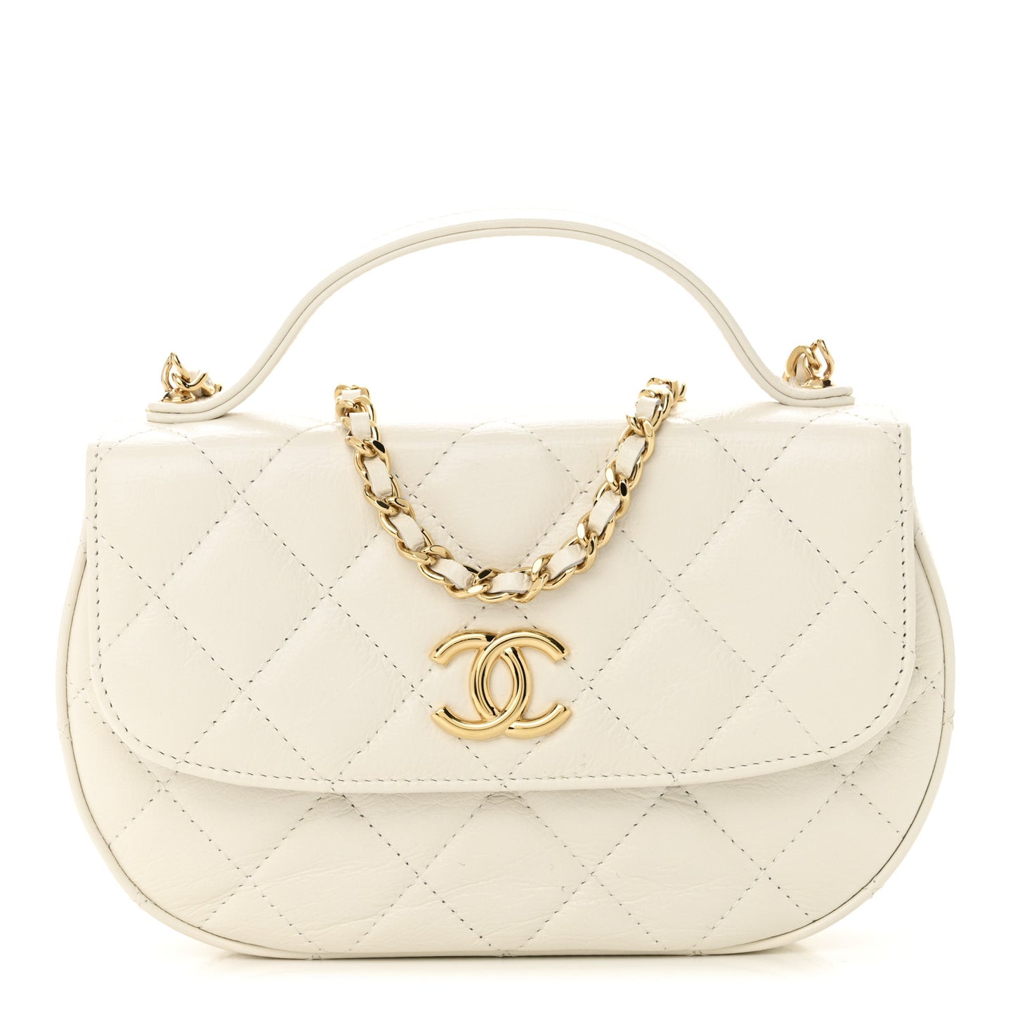 Shiny Aged Calfskin Quilted Top Handle Clutch With Chain White