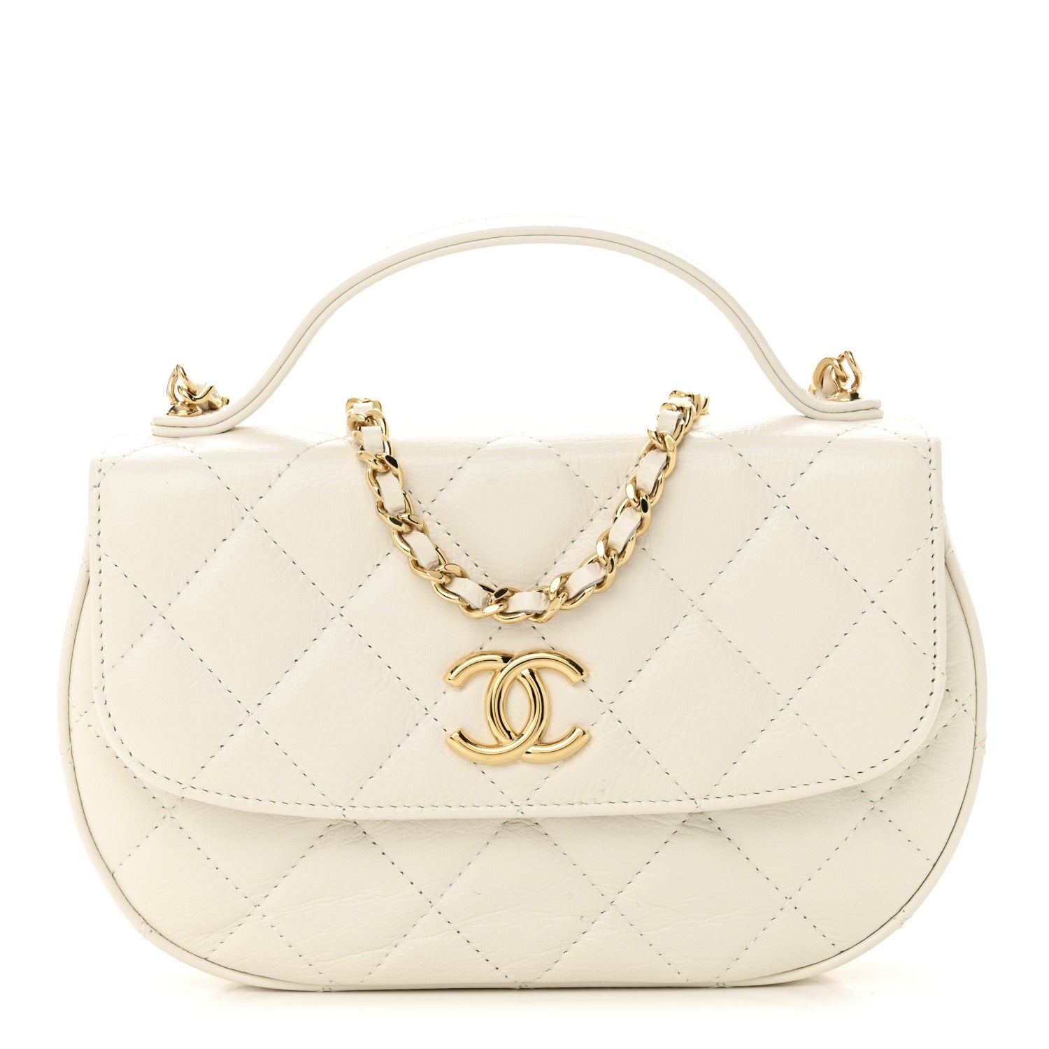 Chanel Shiny Aged Calfskin Quilted Top Handle Clutch With Chain White 1 of 11