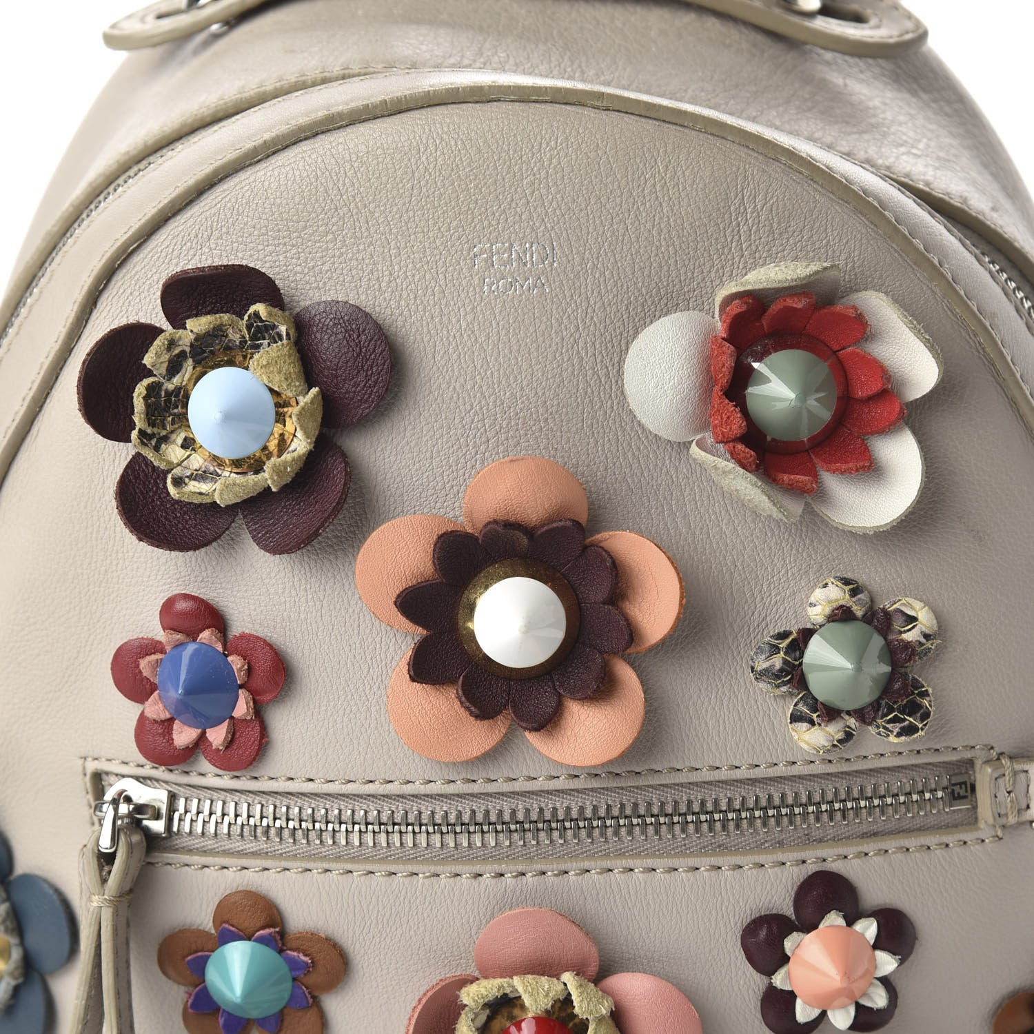 Fendi Vitello Dolce Flowerland Studded Mini Backpack Grigio Polvere Multicolor 9 of 13