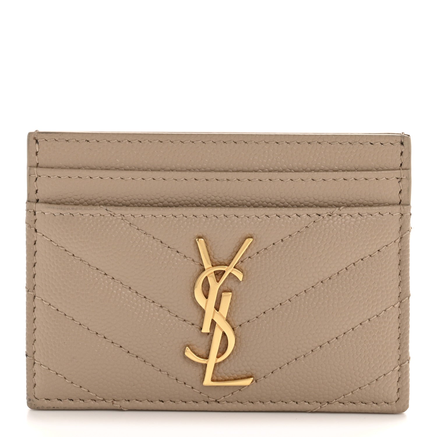 Saint Laurent Grain De Poudre Matelasse Chevron Monogram Credit Card Case Dark Beige 1 of 9