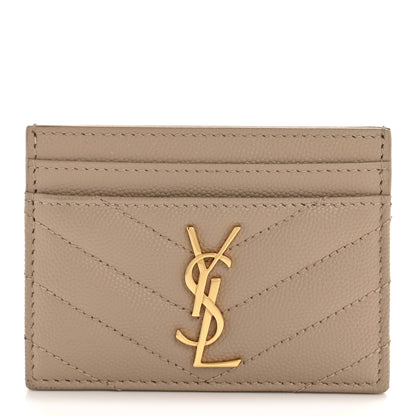 Saint Laurent Grain De Poudre Matelasse Chevron Monogram Credit Card Case Dark Beige 1 of 9