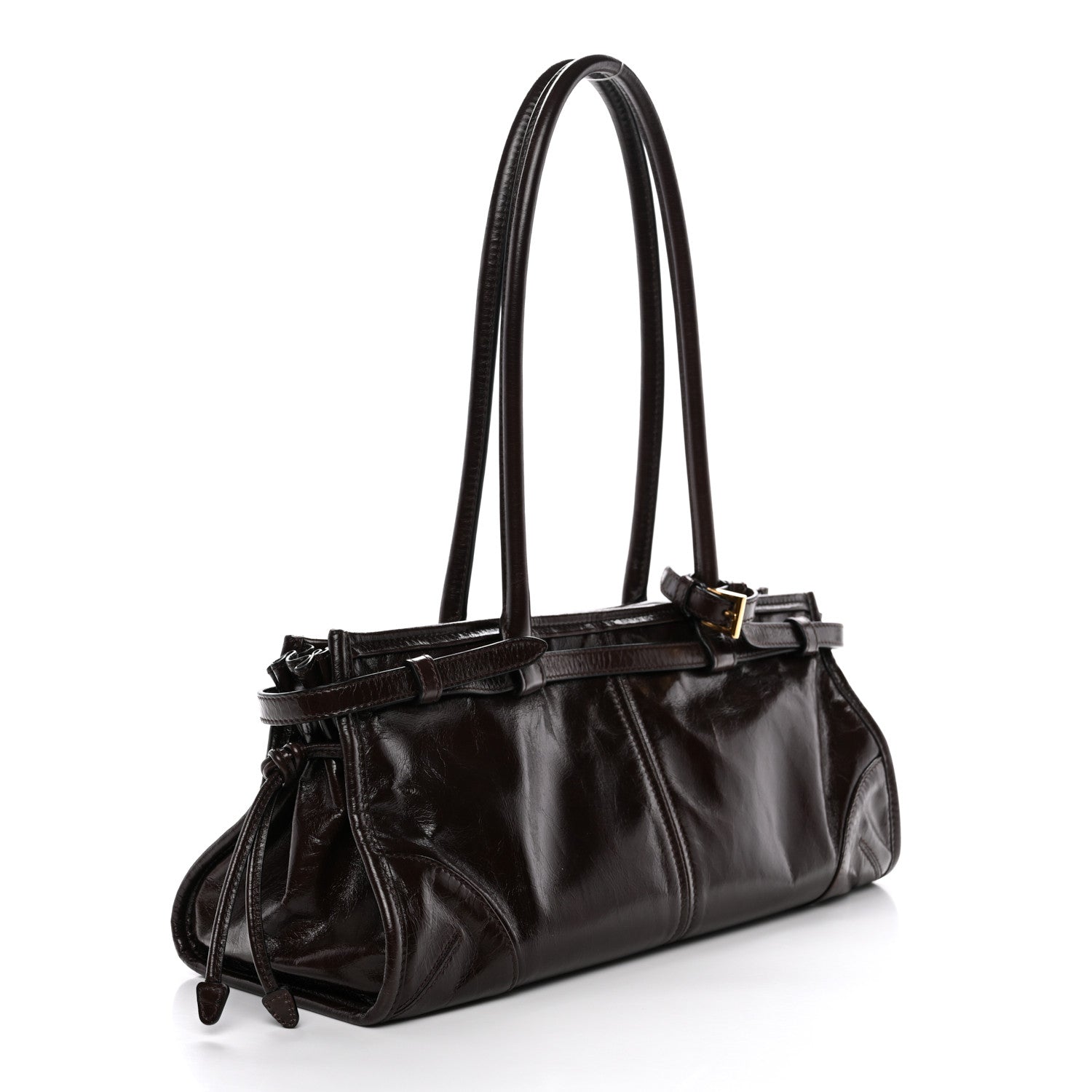Prada Glossy Calfskin Triangle Medium Bonnie Shoulder Bag Dark Brown 3 of 9