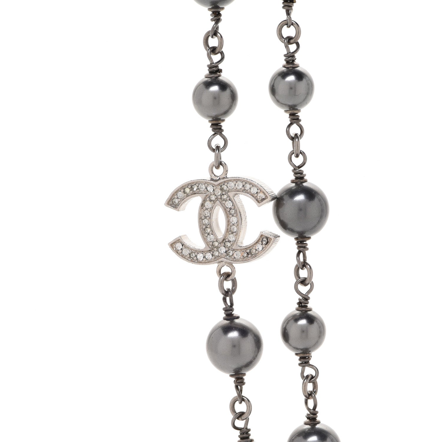 Chanel Crystal Pearl Beaded CC Long Necklace Ruthenium 4 of 6