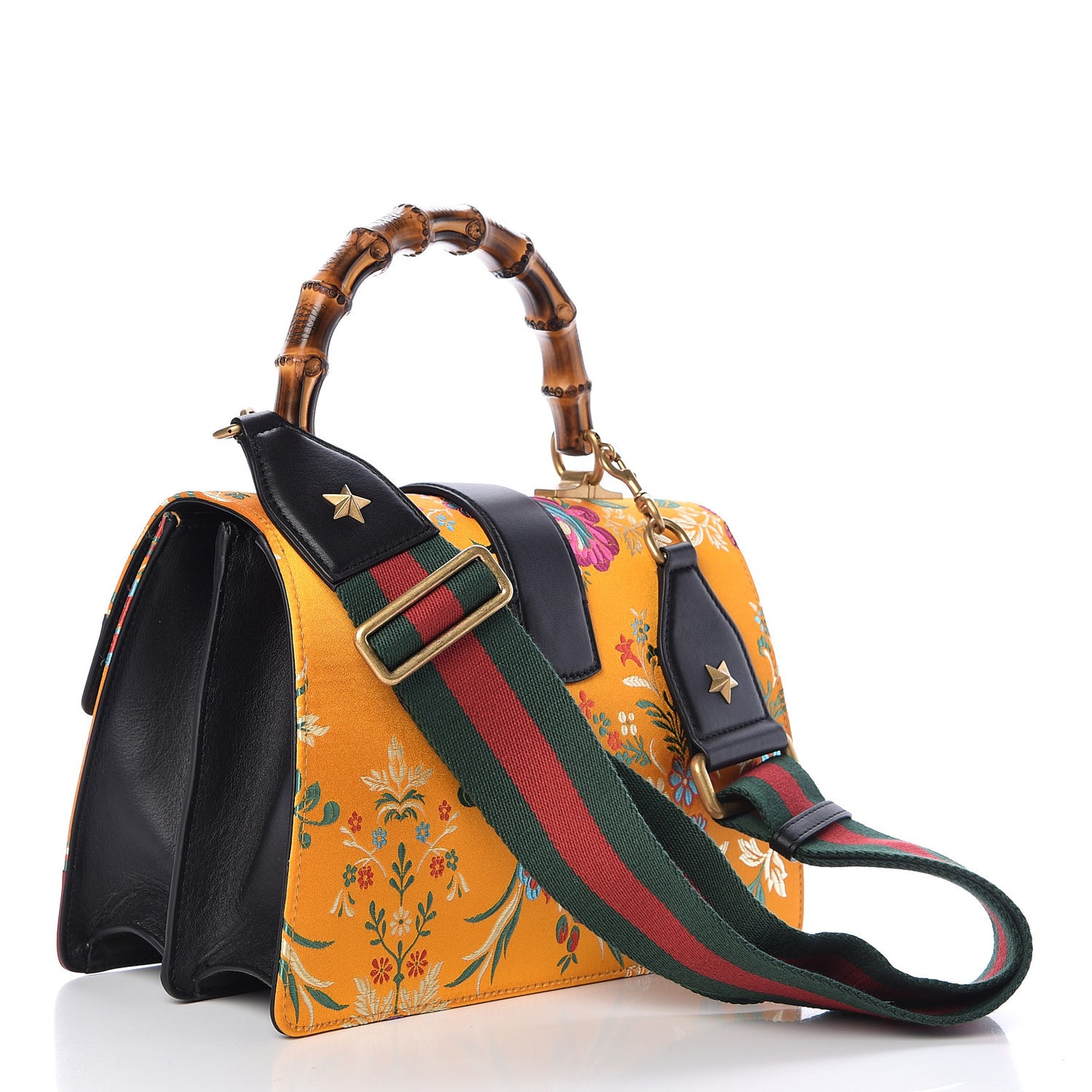 Satin Calfskin Bamboo Web Tokyo Print Medium Dionysus Top Handle Bag Giallo Multicolor Blue Agata Hibiscus Red
