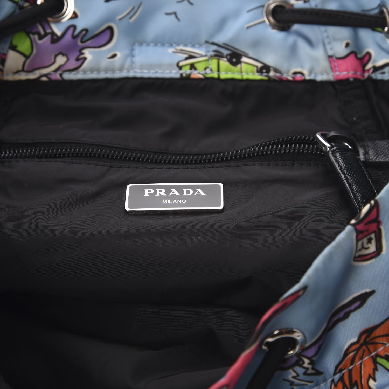 Prada Tessuto Nylon Surfer Print Cinch Backpack Blue 7 of 9