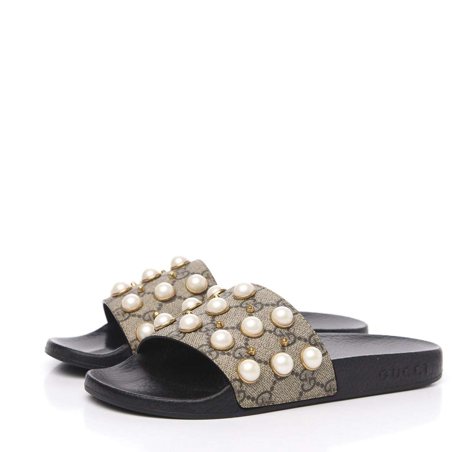 GG Supreme Monogram Pearls Slide Sandals 35 Beige