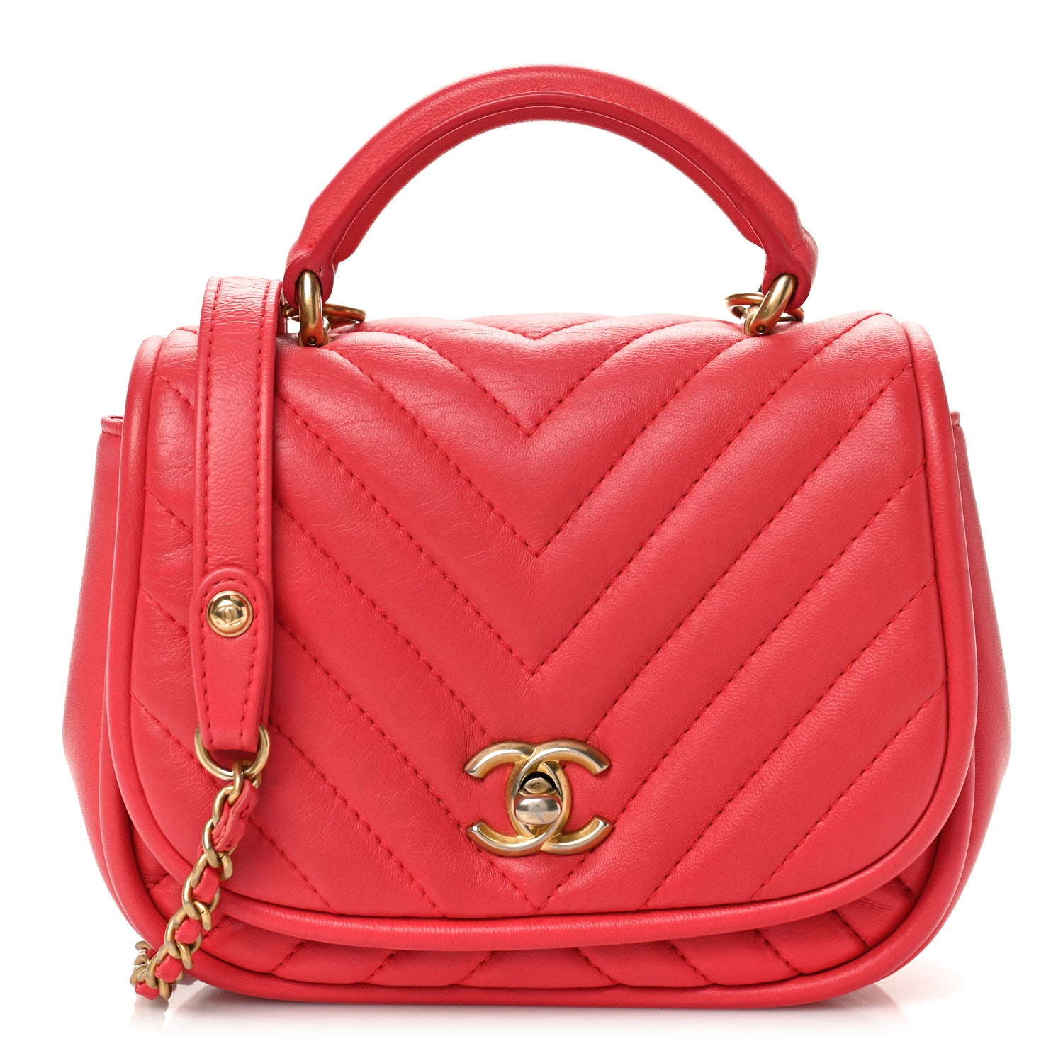 Chanel Lambskin Reverse Chevron Quilted Mini Round Top Handle Flap Bright Pink 1 of 9