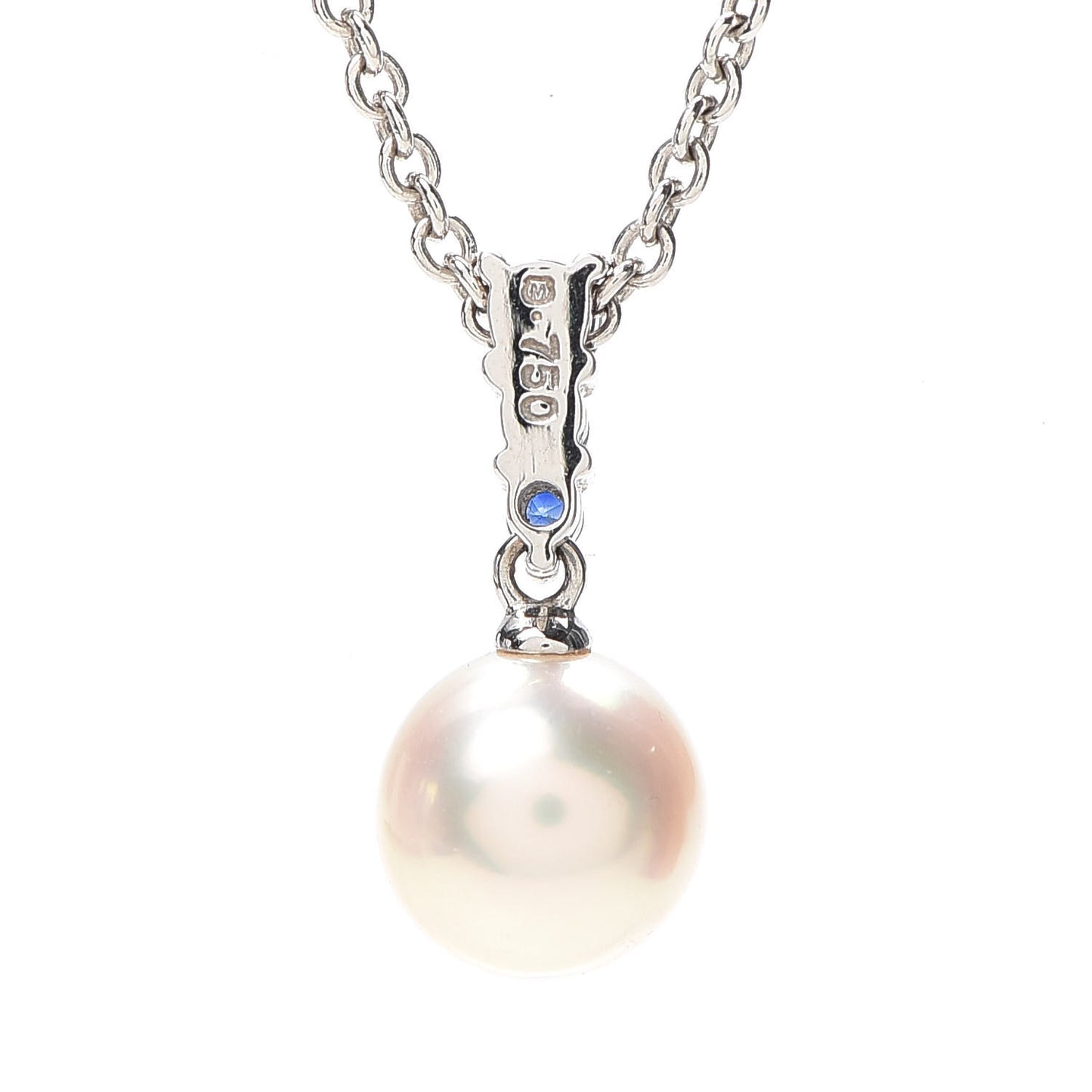 18K White Gold Blue Sapphire Akoya Pearl 8mm Morning Dew Pendant Necklace