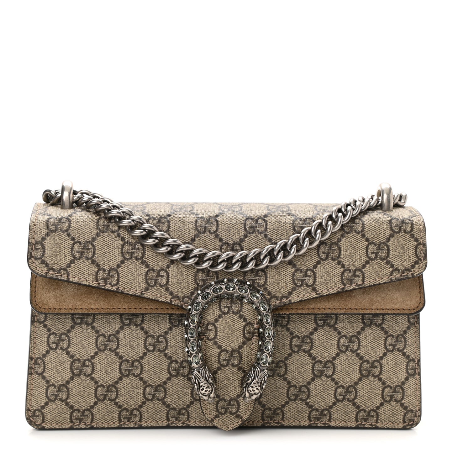 GG Supreme Monogram Suede Crystal Small Dionysus Shoulder Bag Beige Ebony Taupe