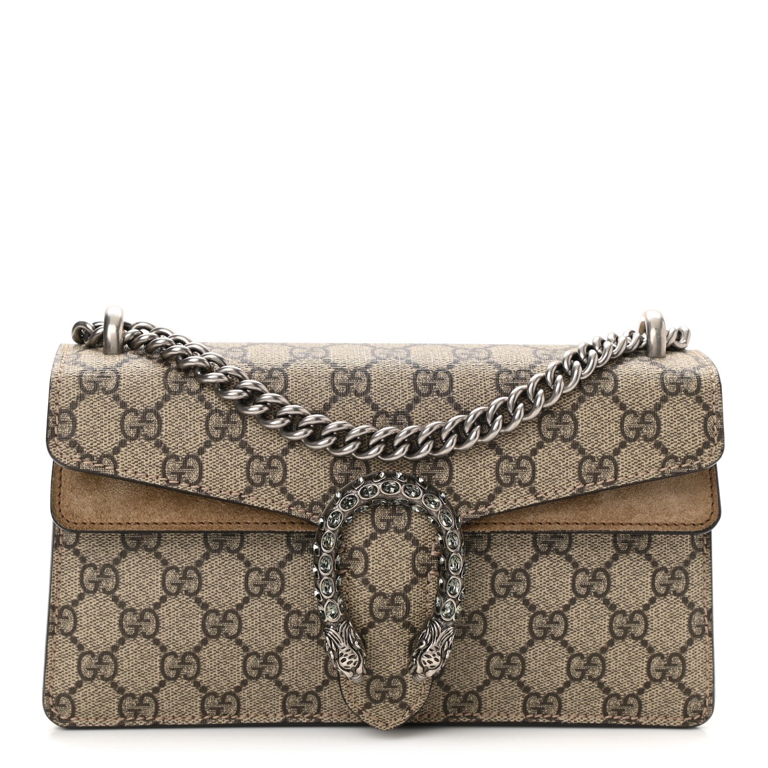 Gucci GG Supreme Monogram Suede Crystal Small Dionysus Shoulder Bag Beige Ebony Taupe 1 of 10