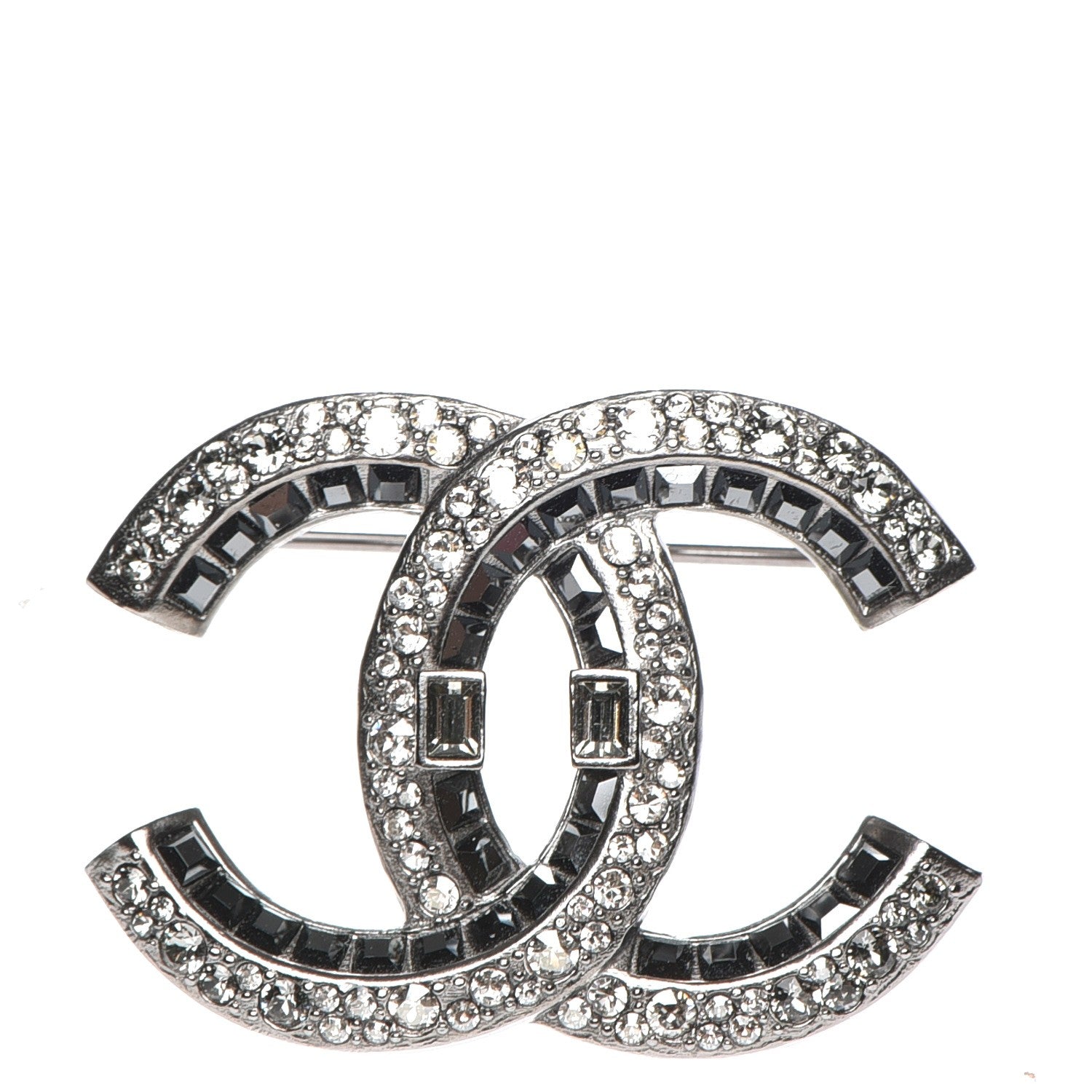 Chanel Baguette Crystal CC Brooch Silver Black 1 of 5