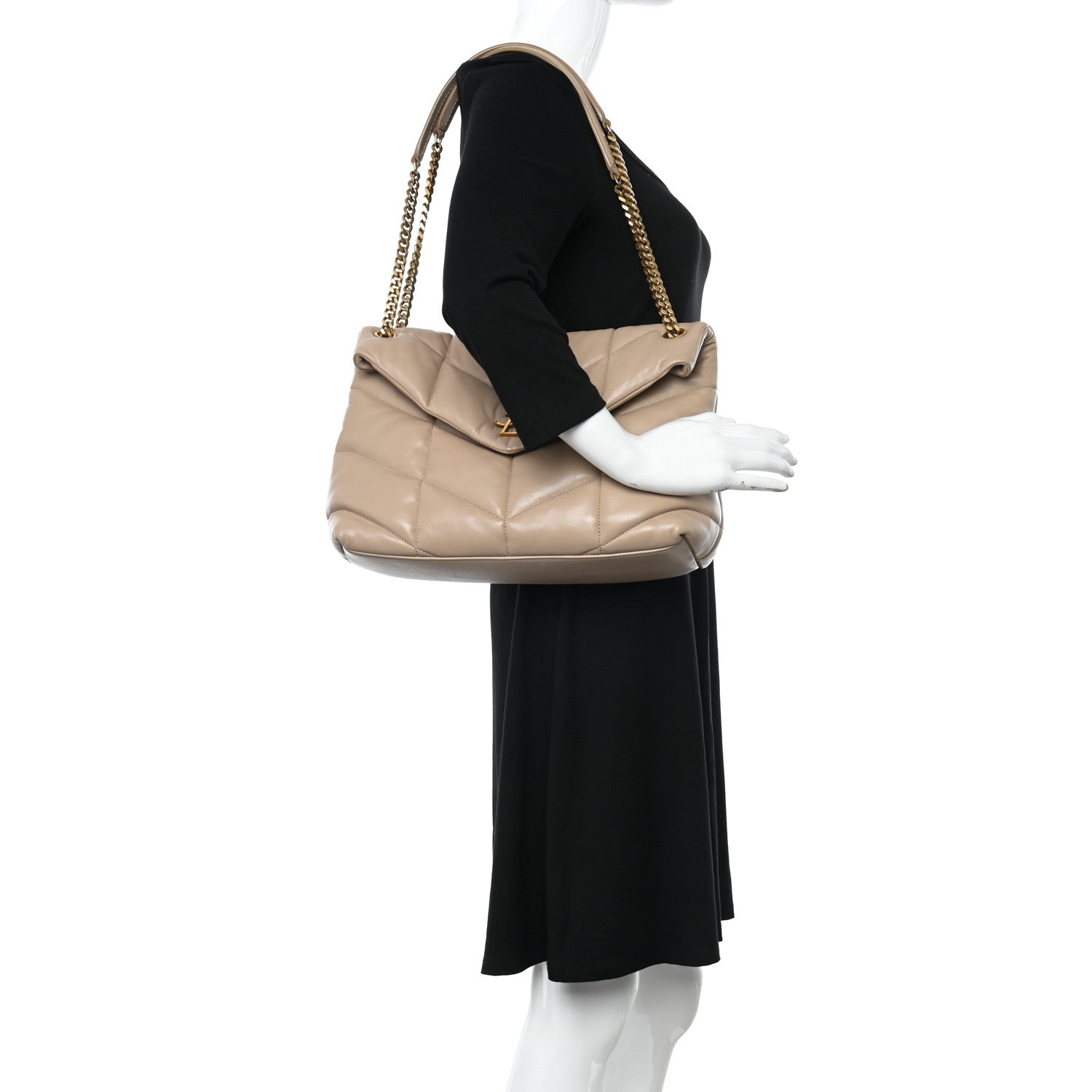 Saint Laurent Lambskin Quilted Medium Loulou Puffer Monogram Chain Satchel Dark Beige 2 of 10