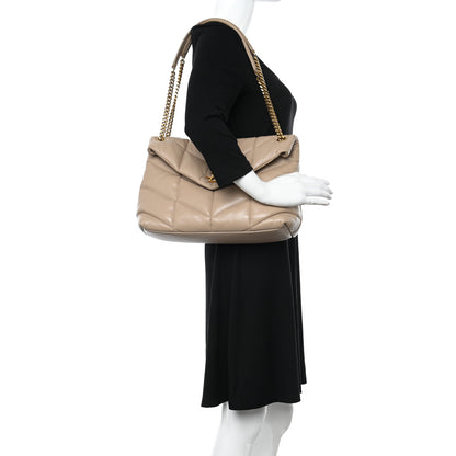 Saint Laurent Lambskin Quilted Medium Loulou Puffer Monogram Chain Satchel Dark Beige 2 of 10