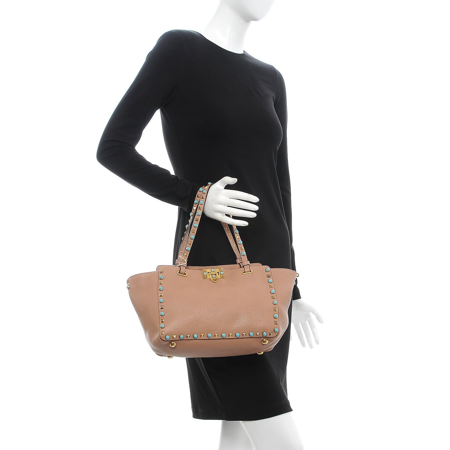 Grained Calfskin Small Rockstud Rolling Tote Soft Noisette