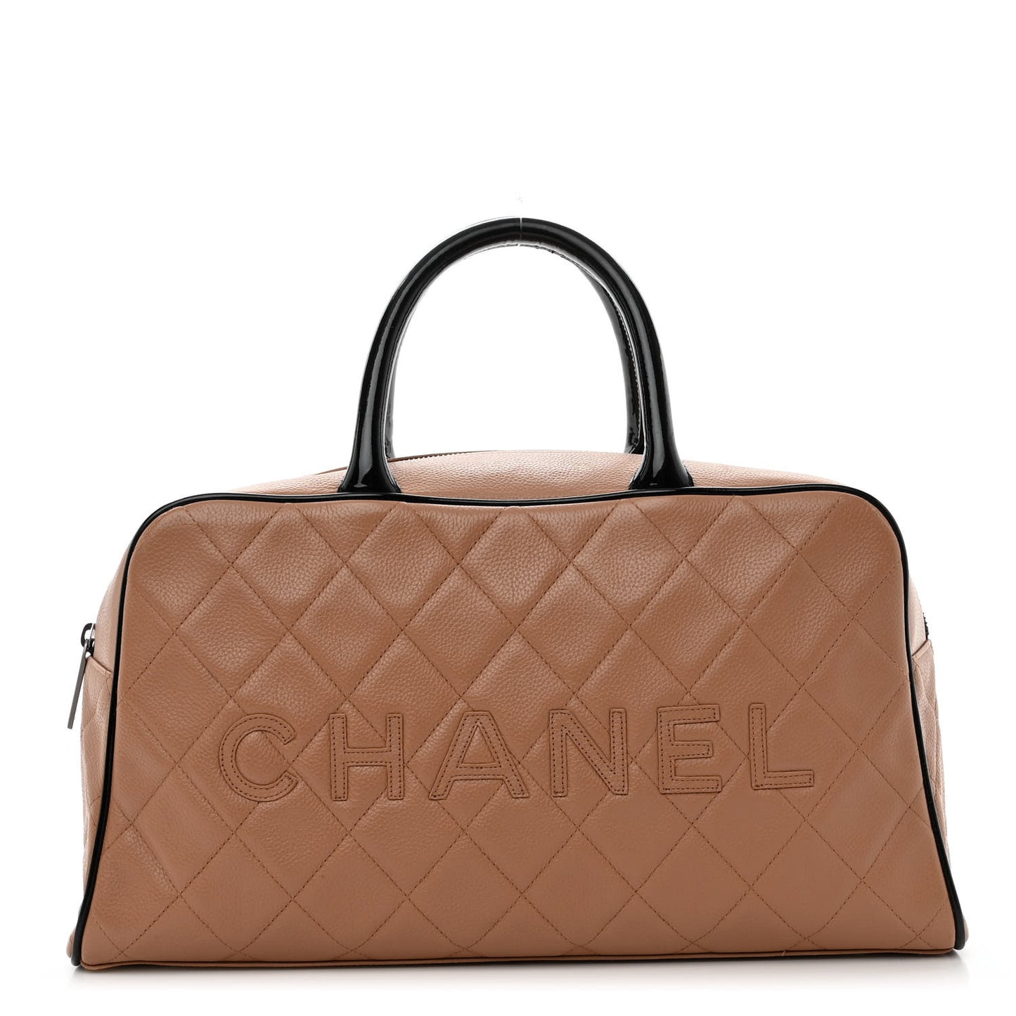 Caviar Patent Quilted Large Bowler Bag Beige Black