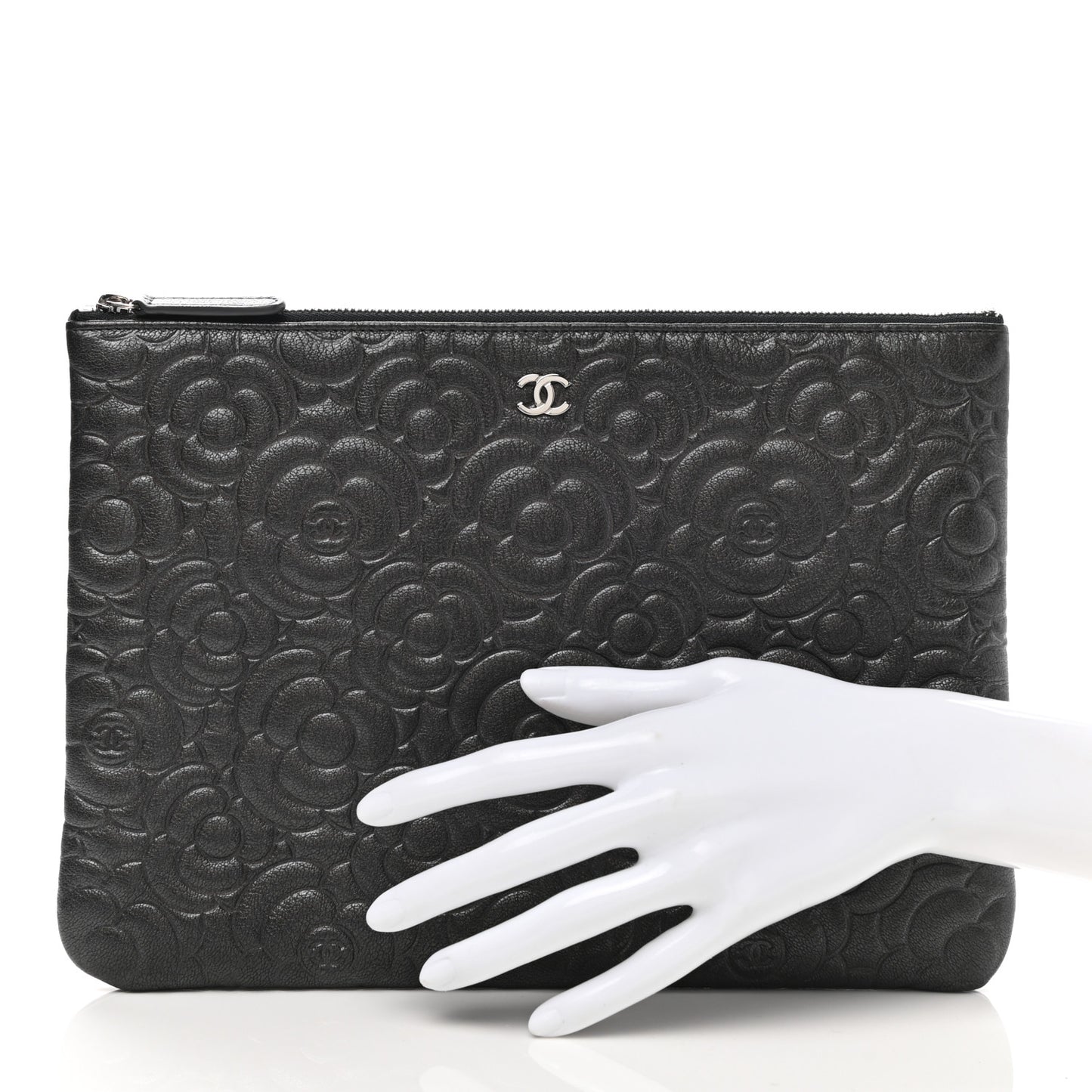 Goatskin Camellia Embossed Medium Cosmetic Case Dark Grey