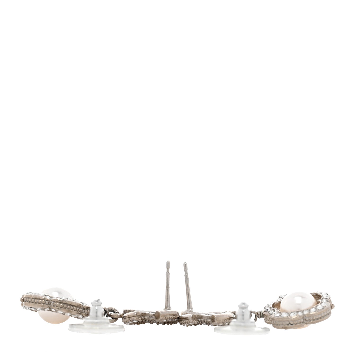 Chanel Crystal Pearl Camellia CC Coco Flapper Drop Earrings Silver 3 of 4