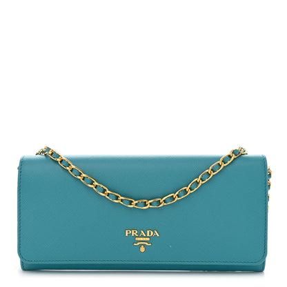 Prada Saffiano Metal Oro Chain Wallet Turchese 1 of 13
