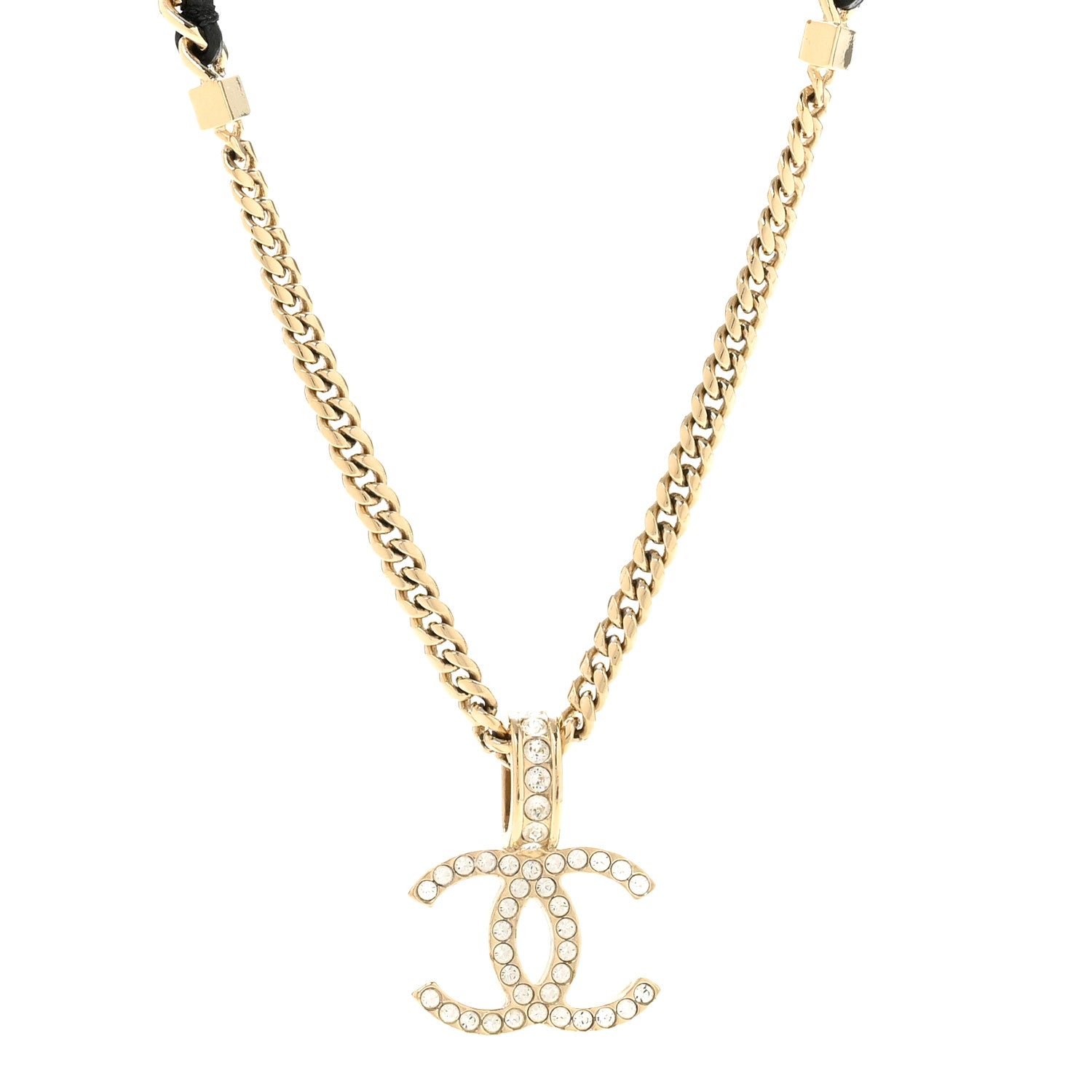 Chanel Lambskin Crystal CC Chain Pendant Necklace Black Gold 4 of 6