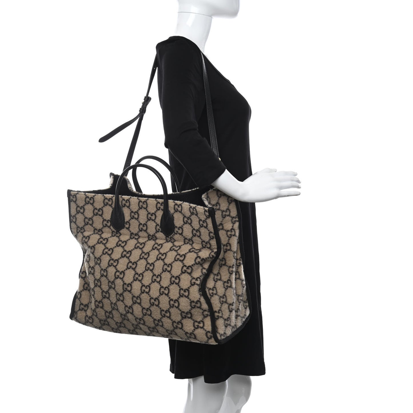 Covered Wool GG Monogram Large Tote Bag Beige Ebony