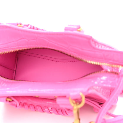 Balenciaga Calfskin Crocodile Embossed Neo Classic Gold Hardware Nano City Crossbody Neon Pink 5 of 8