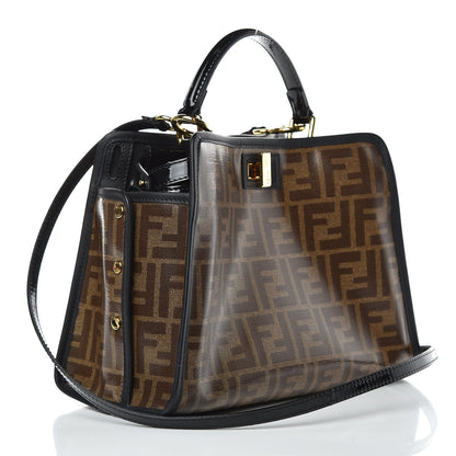 Fendi Patent Glazed Fabric Vitello Century FF 1974 Stamp Patch Mini Peekaboo Iconic Satchel with FF Defender Cover Black Mogano Panna 4 of 9