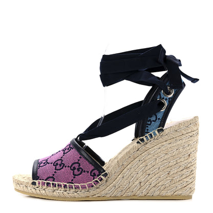 Gucci Monogram Multicolor Ankle Wrap Espadrille Wedge Sandals 37.5 Pink Blue 1 of 8