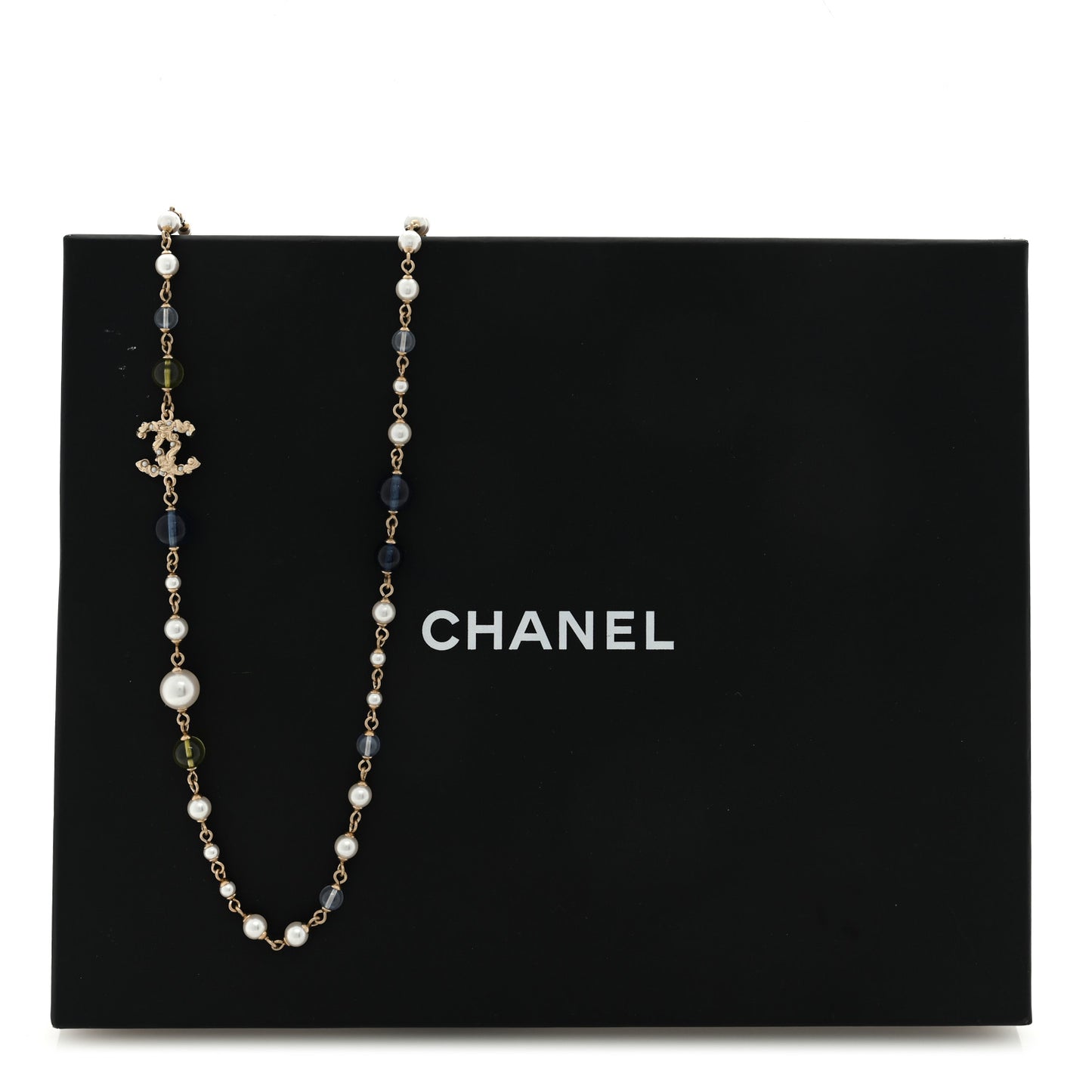 Pearl Glass Bead CC Long Necklace Blue Gold