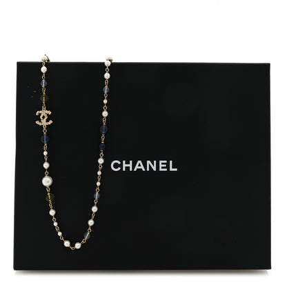 Chanel Pearl Glass Bead CC Long Necklace Blue Gold 5 of 5