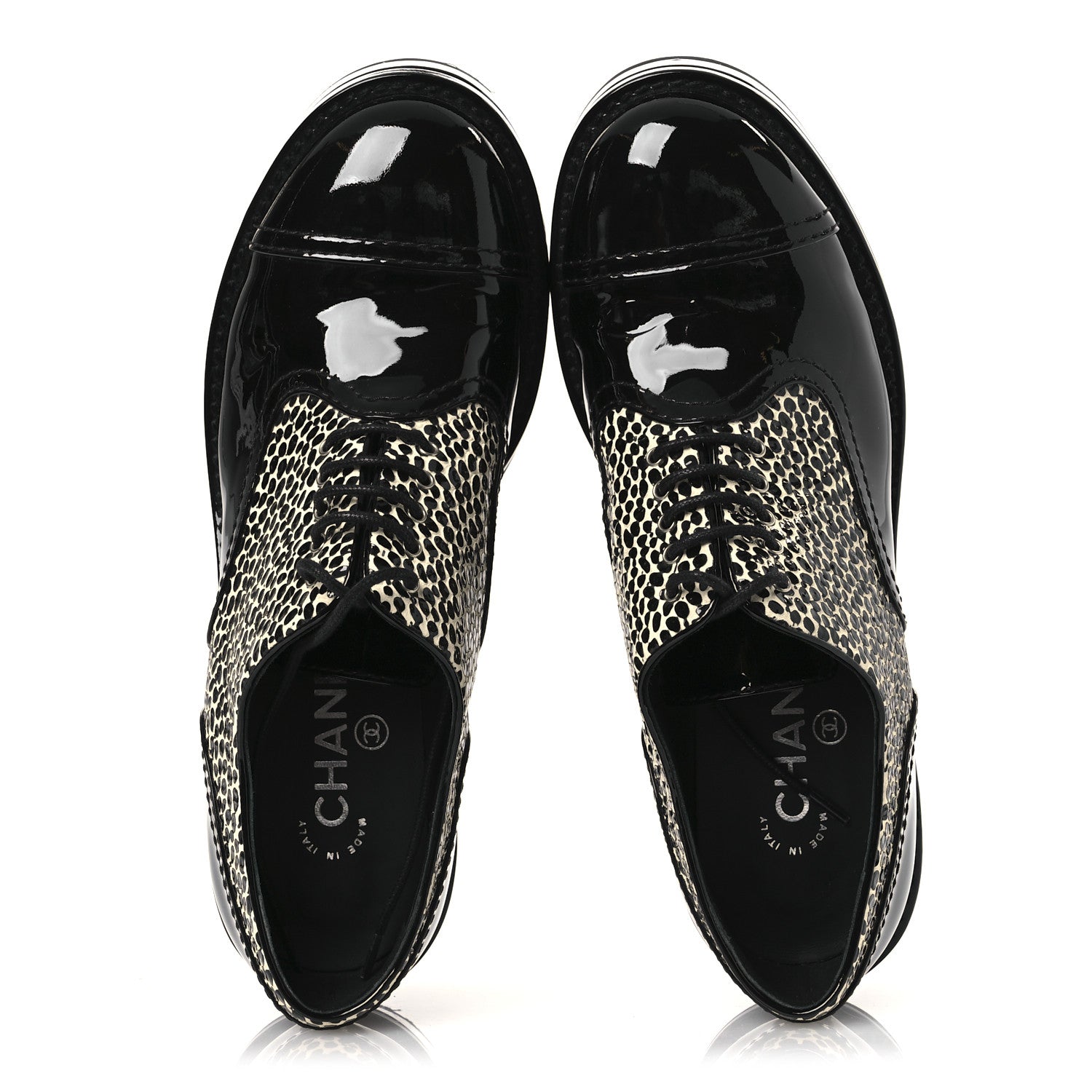 Chanel Patent CC Lace Up Oxfords 38.5 Black White 2 of 12