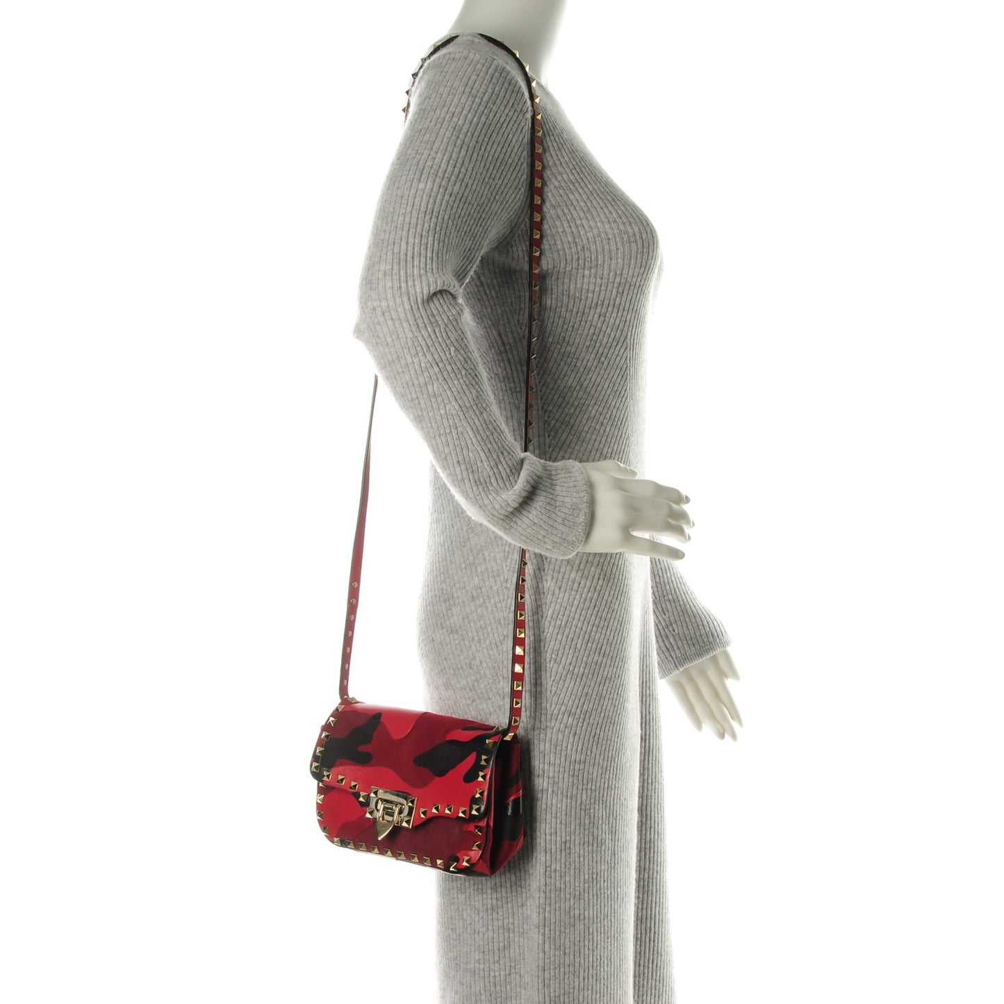 Nappa Canvas Camouflage Mini Rockstud Flap Saddle Crossbody Bag Red