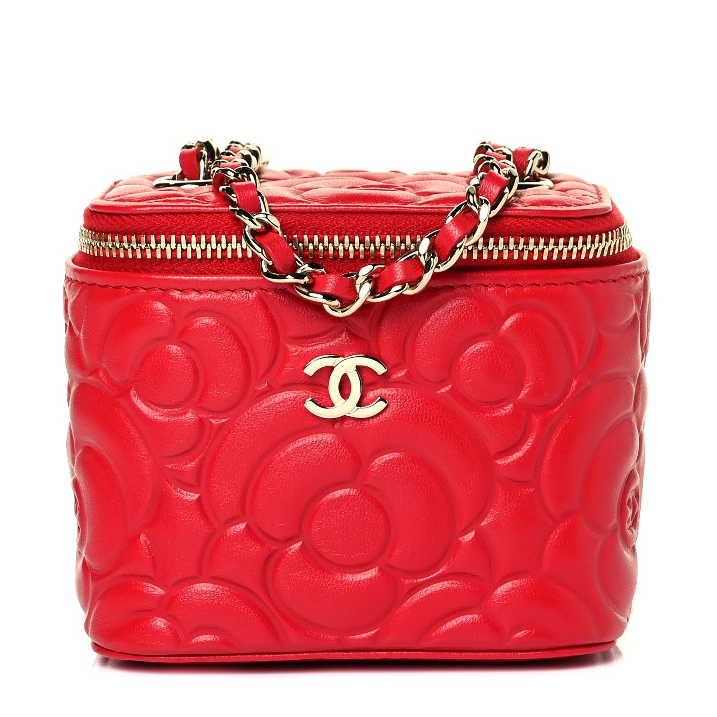 Lambskin Camellia Embossed Mini Vanity Case With Chain Red