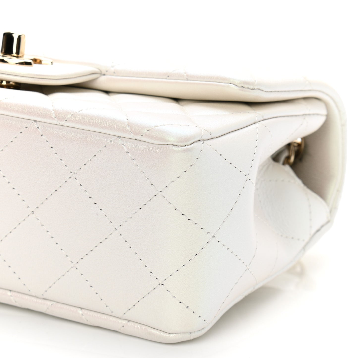 Iridescent Calfskin Quilted Mini Rectangular Flap White