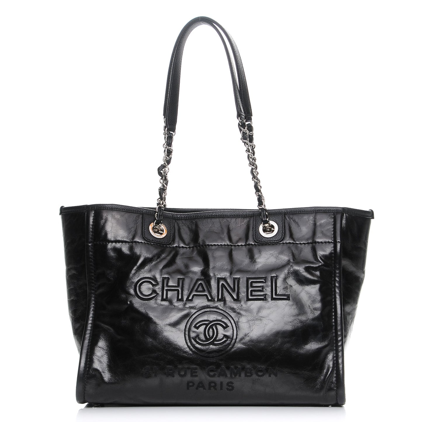 Glazed Calfskin Small Deauville Tote Black