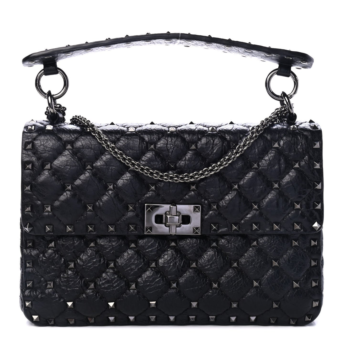 Craquele Nappa Medium Rockstud Spike Shoulder Bag Black