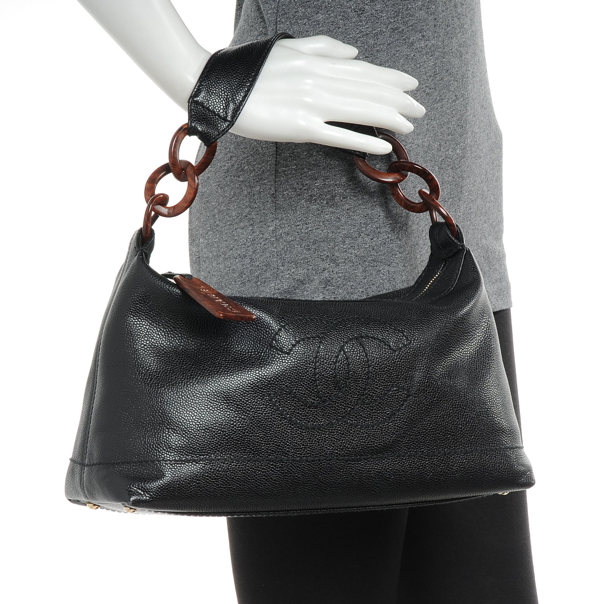 Chanel Caviar CC Wood Chain Hobo Black 2 of 8