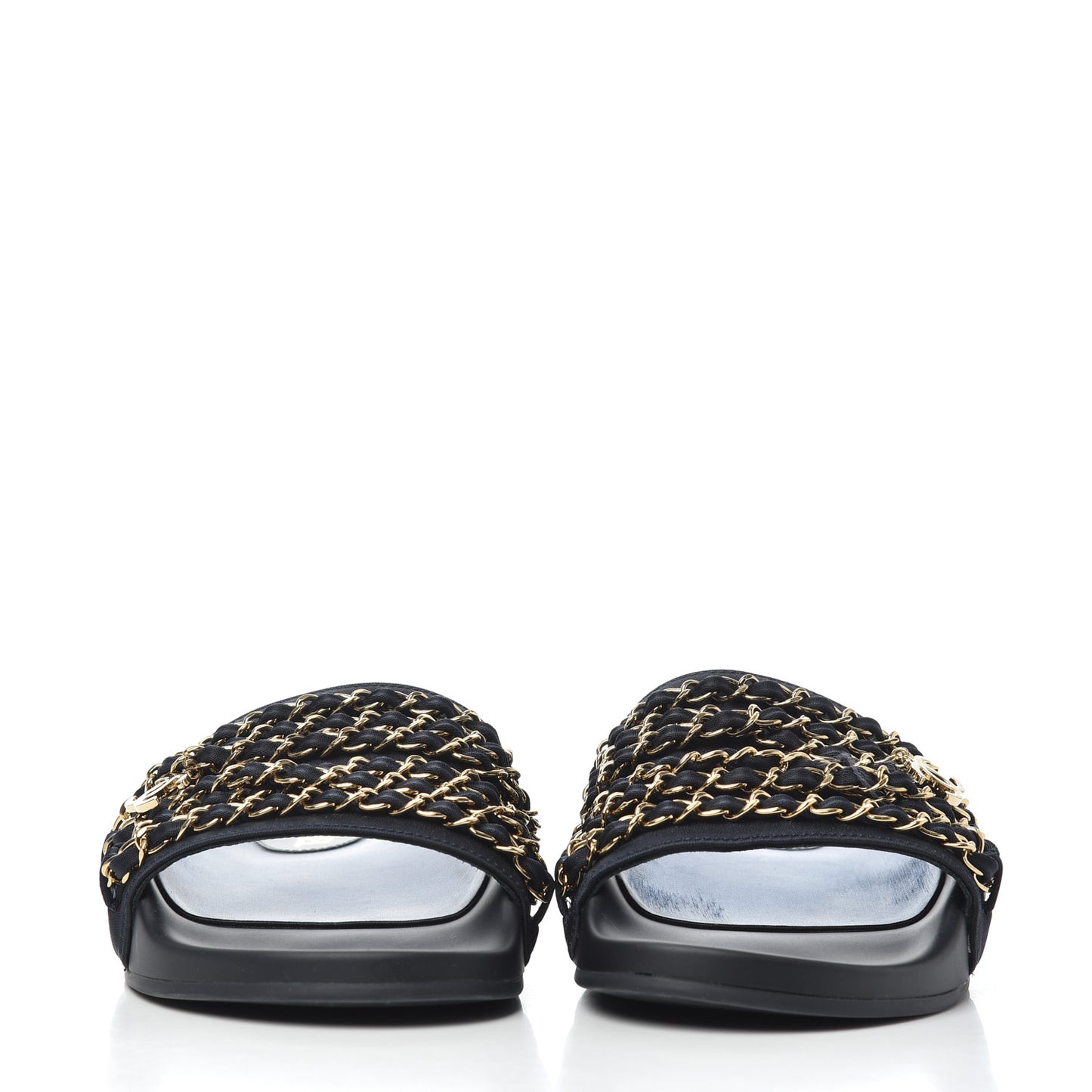 Satin Canvas Chain Slides Sandals Flats 38 Marine