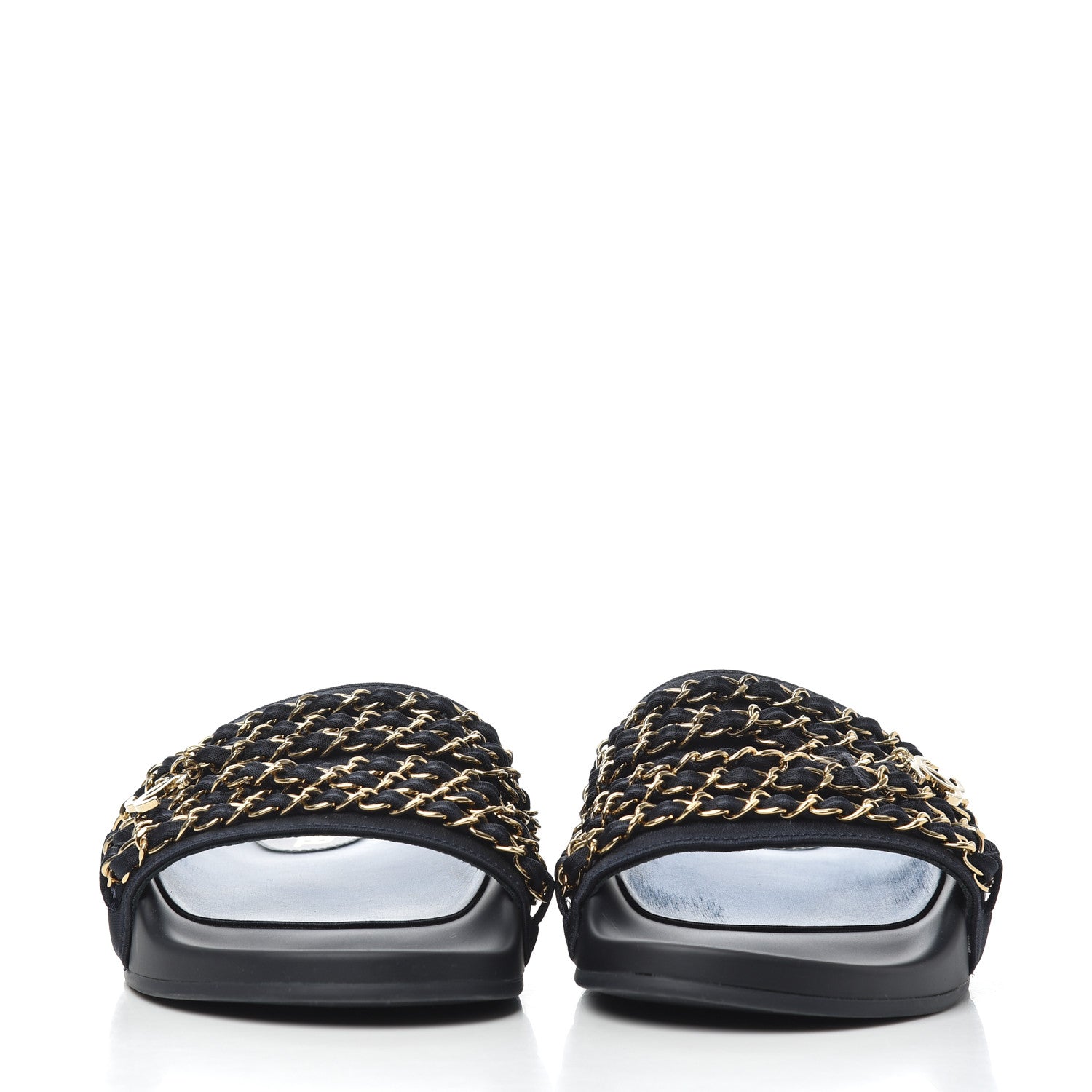 Chanel Satin Canvas Chain Slides Sandals Flats 38 Marine 2 of 13