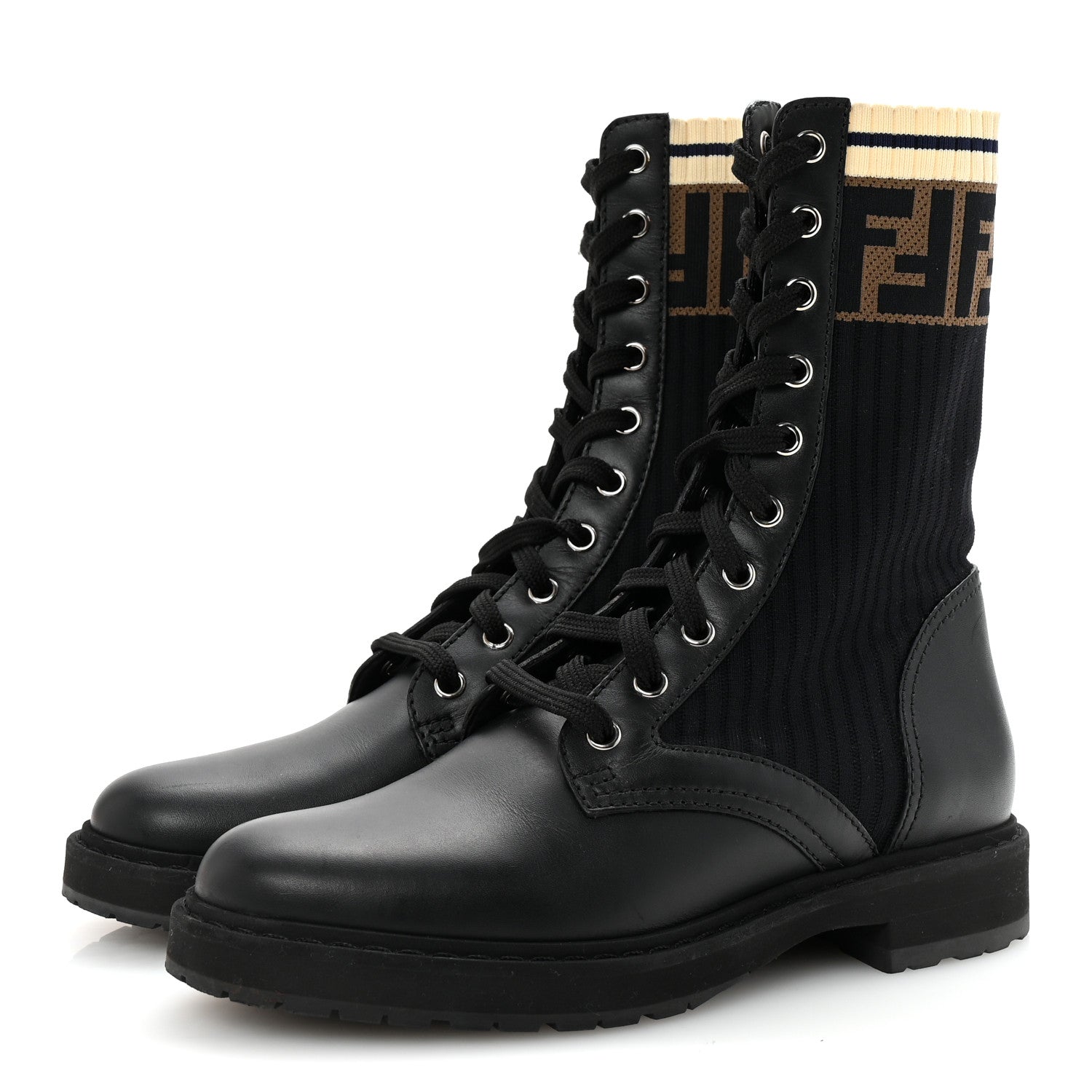 Fendi Calfskin Stretch Fabric Rockoko Biker Boots 37 Tobacco Black Marino 4 of 9