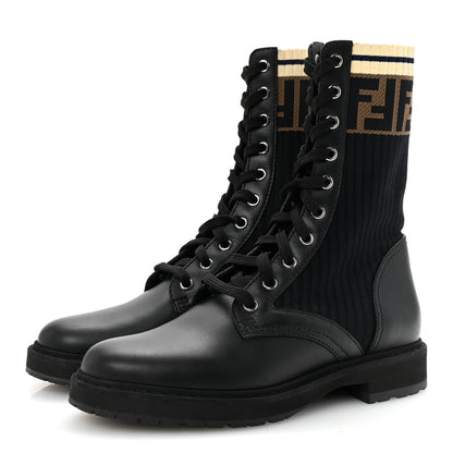 Fendi Calfskin Stretch Fabric Rockoko Biker Boots 37 Tobacco Black Marino 4 of 9