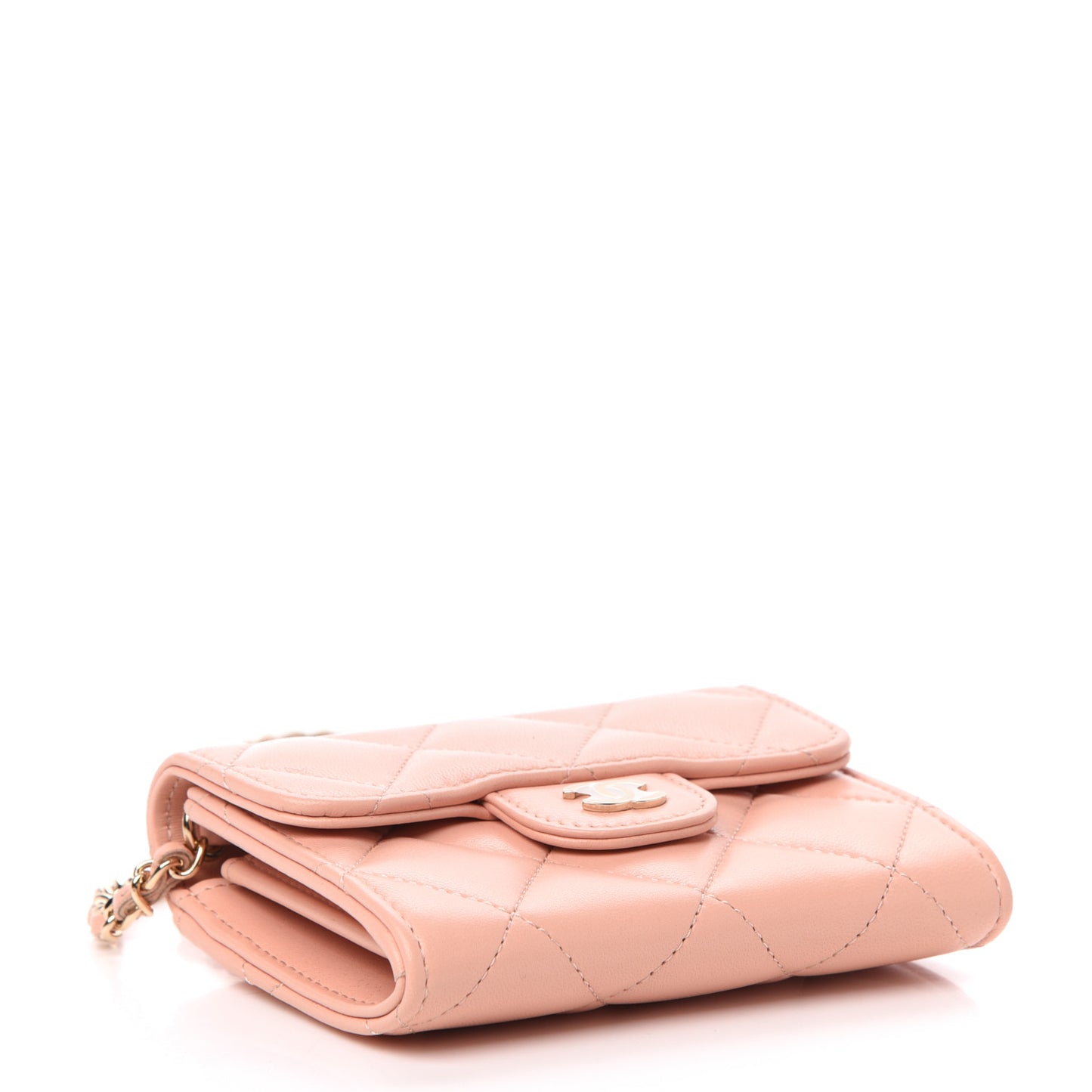 Lambskin Quilted Flap Card Holder On Chain Light Pink
