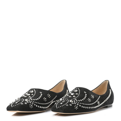 Jimmy Choo Suede Floral Studded Joselyn Flat 37.5 Black Silver 3 of 8