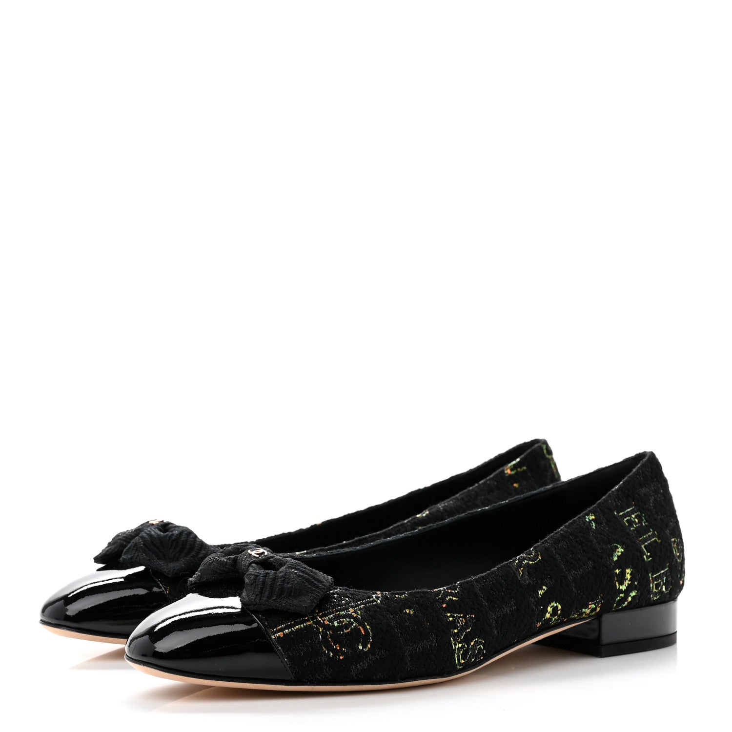 Chanel Tweed Patent Cap Toe Ballerina Flats 38.5 Black Orange Green 3 of 8