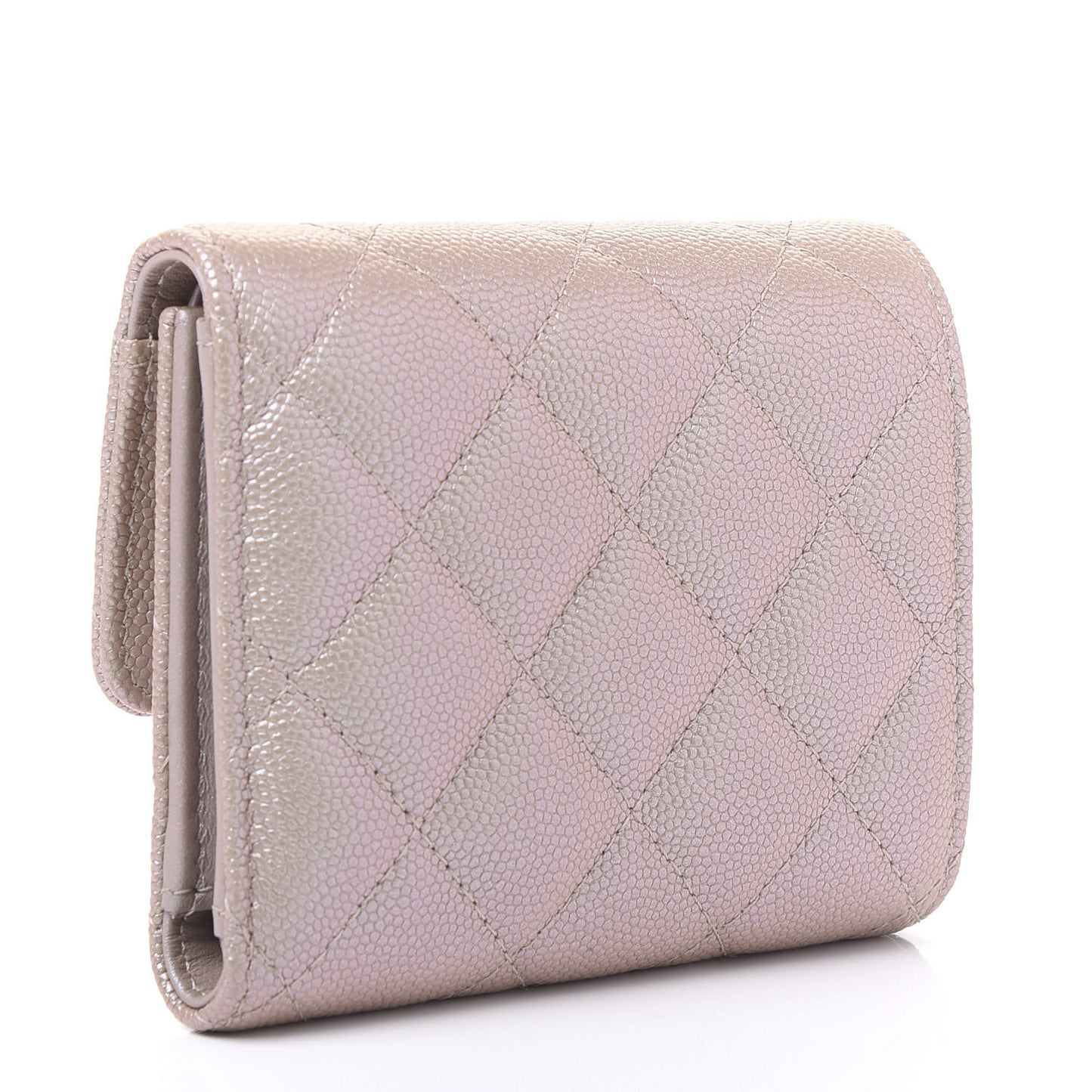 Iridescent Caviar Quilted Small Flap Wallet Beige