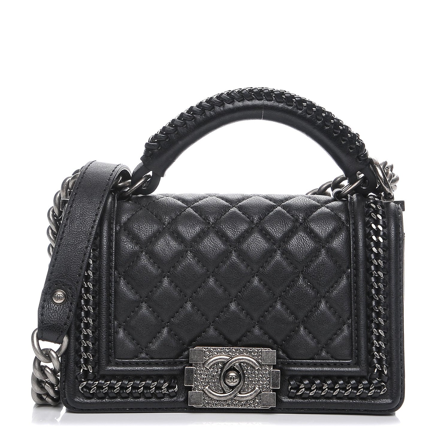 Calfskin Quilted Small Boy Handle Flap Black