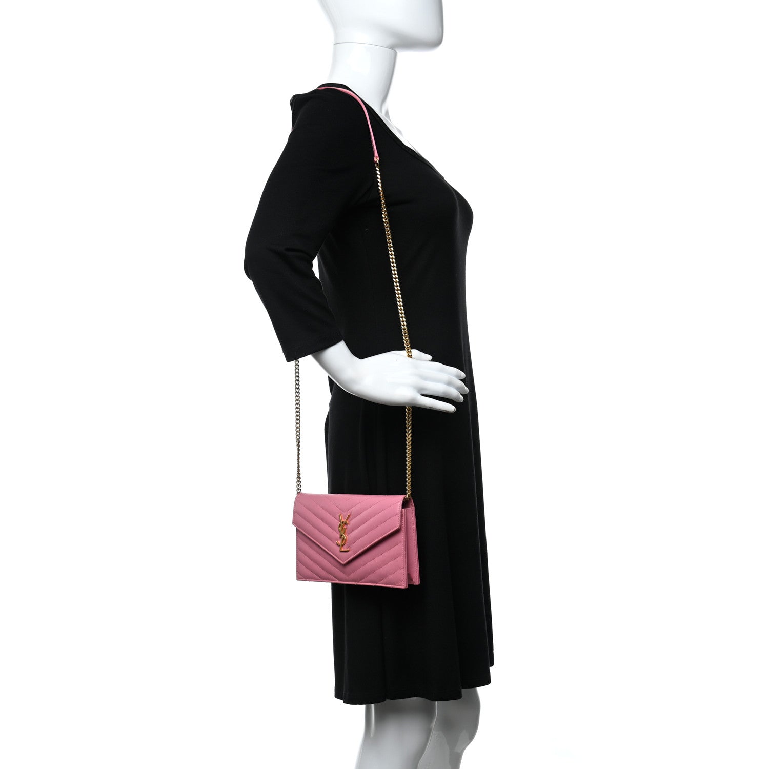 Saint Laurent Grain De Poudre Matelasse Chevron Monogram Envelope Chain Wallet Rose Clair 2 of 10