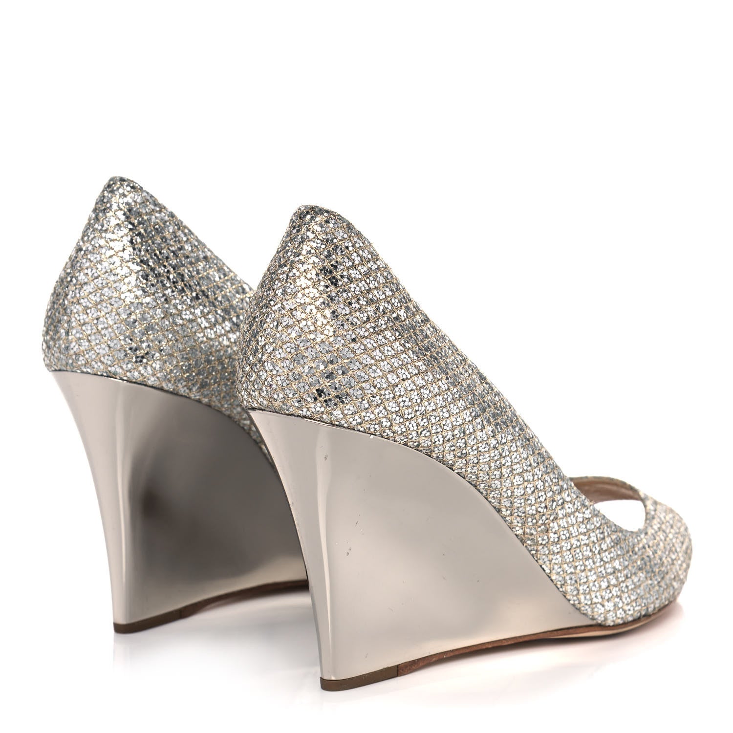 Jimmy Choo Glitter Fabric Baxen Peep Toe Wedges 36.5 Silver Gold 4 of 10