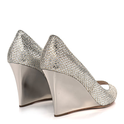 Jimmy Choo Glitter Fabric Baxen Peep Toe Wedges 36.5 Silver Gold 4 of 10