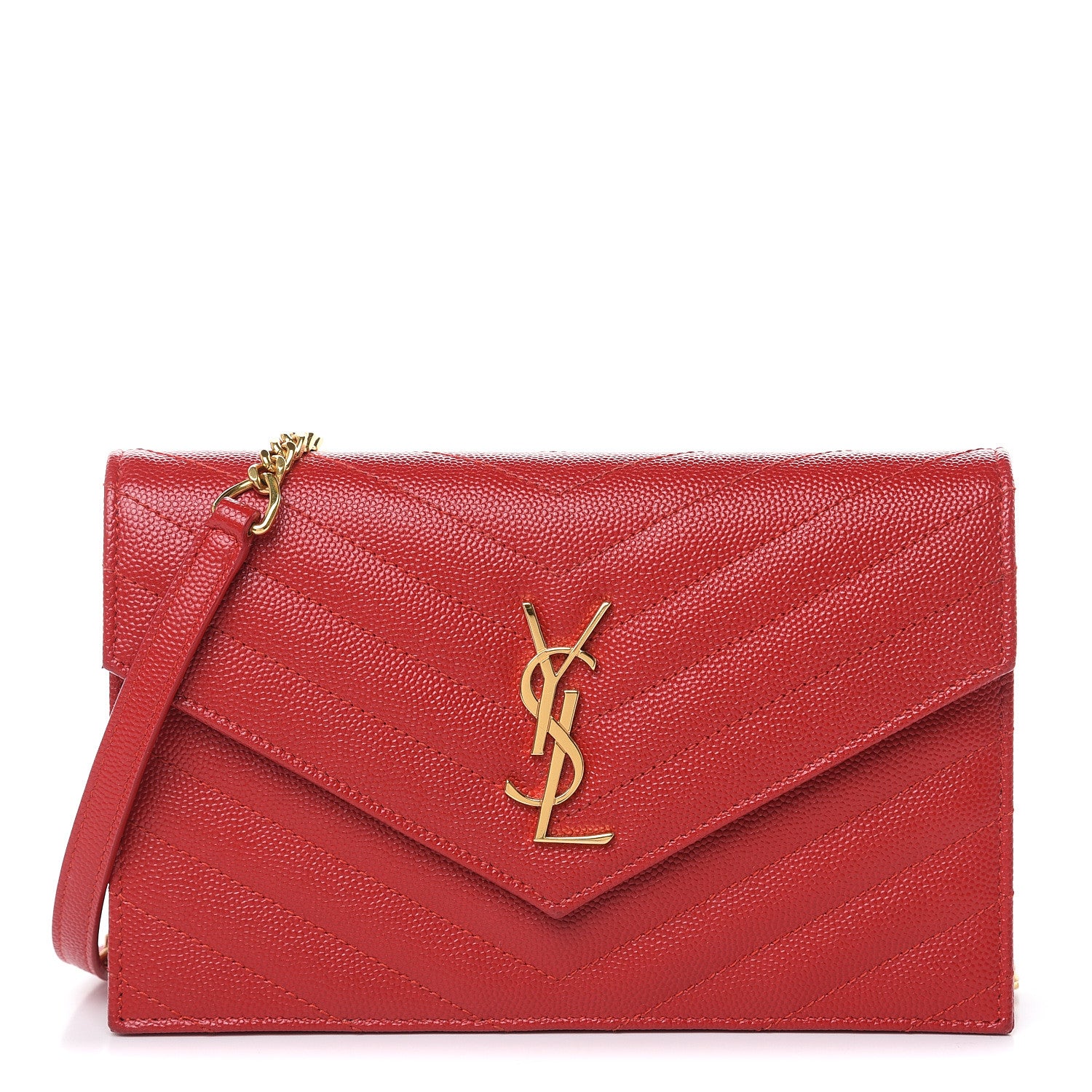 Saint Laurent Grain De Poudre Matelasse Chevron Monogram Envelope Chain Wallet New Red 1 of 12