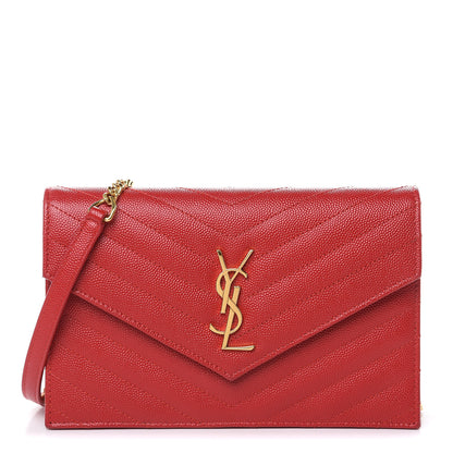 Saint Laurent Grain De Poudre Matelasse Chevron Monogram Envelope Chain Wallet New Red 1 of 12